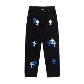 Blugi Chrome Hearts cu Cross Patch-uri albastre și albe
