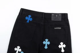 Blugi Chrome Hearts cu Cross Patch-uri albastre și albe