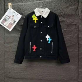 Jacheta din denim Chrome Hearts cu guler alb și Cross Patches