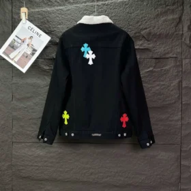 Jacheta din denim Chrome Hearts cu guler alb și Cross Patches