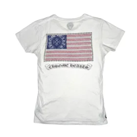 Tricou Chrome Hearts cu imprimeu cu steagul SUA pe spate, în culoarea albă